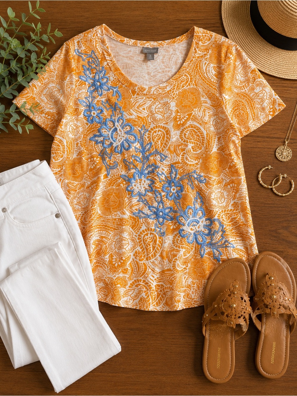 Chico's Golden Yellow Paisley Tee with Blue Floral Appliqué